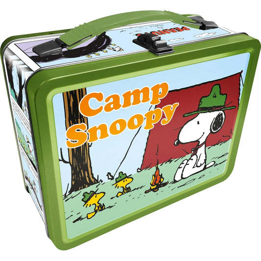 AQUARIUS Snoopy Beagle Scouts Fun Box – Caja de almacenamiento de lata resistente con mango de plástico y cubierta frontal en relieve, producto oficial de Peanuts y regalo coleccionable