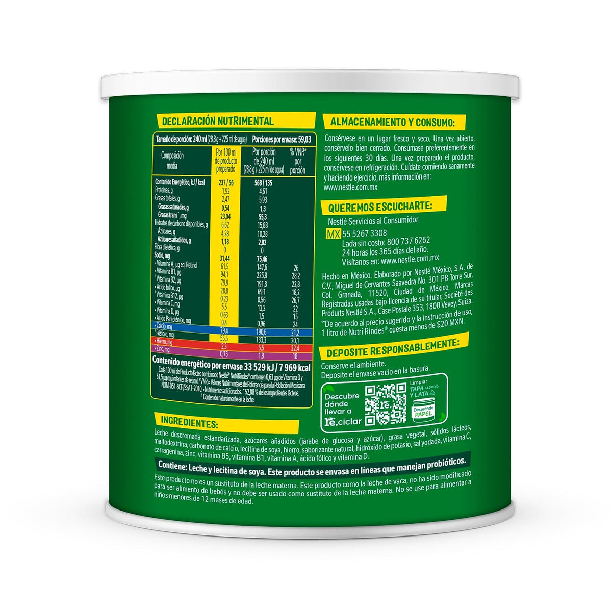 Nutri Rindes en Polvo,Adicionado de Vitaminas A, D, C, B1 y B5, Hierro, Ácido Fólico, Calcio, Hierro y Zinc, Lata de 1.7 kg