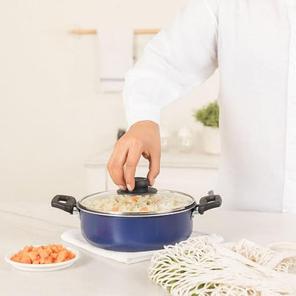 Ekco | Cacerola con Tapa Classic de Aluminio Antiadherente Azul 20cm | Tapa de vidrio, Espesor 1.7 mm, Calor uniforme, Asa de baquelita, Fácil limpieza, Libre de PFOA, Antiadherente Geothermic