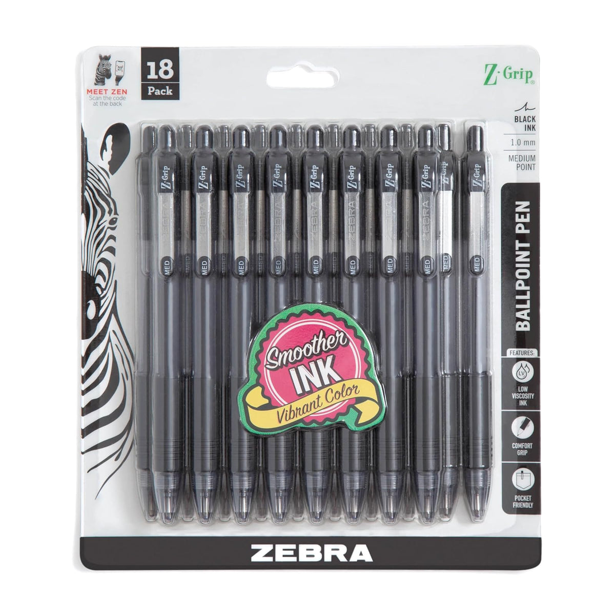 ZEBRA Z-Grip Retractable Ballpoint Pen, 1.0mm, Black Ink, 18 Pack (22218)