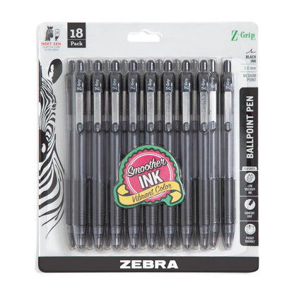 ZEBRA Z-Grip Retractable Ballpoint Pen, 1.0mm, Black Ink, 18 Pack (22218)