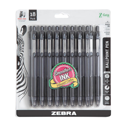 ZEBRA Z-Grip Retractable Ballpoint Pen, 1.0mm, Black Ink, 18 Pack (22218)