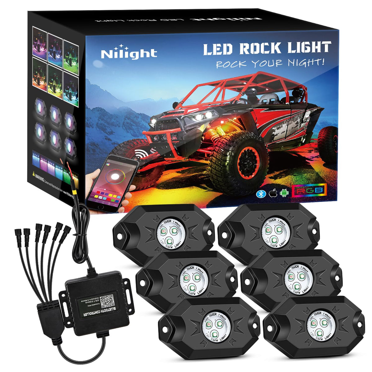 Nilight - Kit de luces LED RGB, 6 cápsulas de neón multicolor con control de aplicación Bluetooth, modo de música intermitente, IP68, luz exterior para camión, ATV, UTV, RZR, SUV