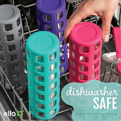 Ello Syndicate - Botella de agua de vidrio con tapa abatible de un solo toque y funda protectora de silicona y bucle de transporte, sin BPA, apta para lavaplatos, 20 onzas