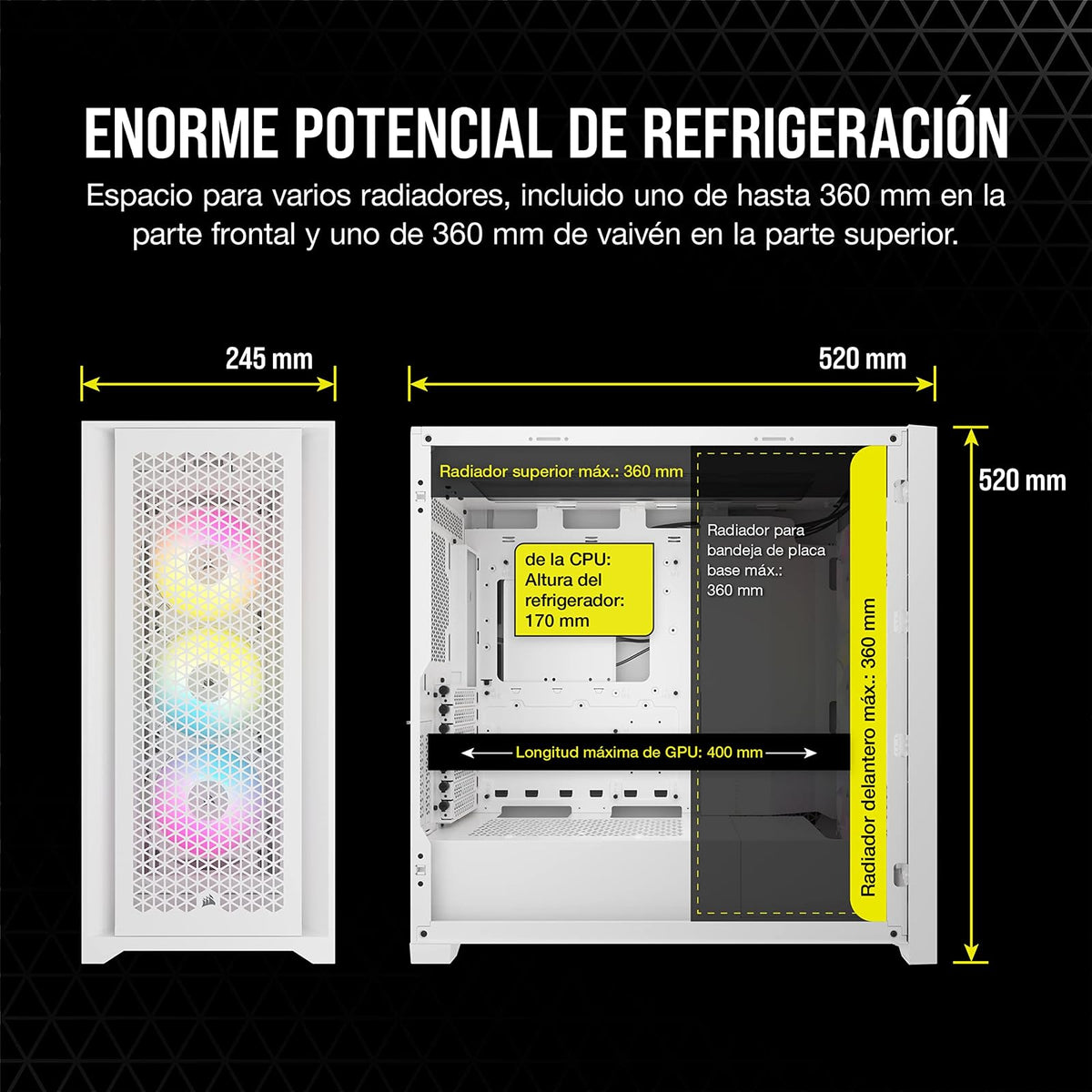 Corsair Semitorre iCUE 5000D RGB Airflow, 3 Ventiladores AF120 RGB Elite - Controlador iCUE Lighting Node Pro - Diseño de Alto Flujo de Aire - Blanco Verdadero