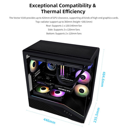 Lian LI Vector V100 Black – ARGB Full Tower ATX/mATX/ITX Case Pro Gaming Look