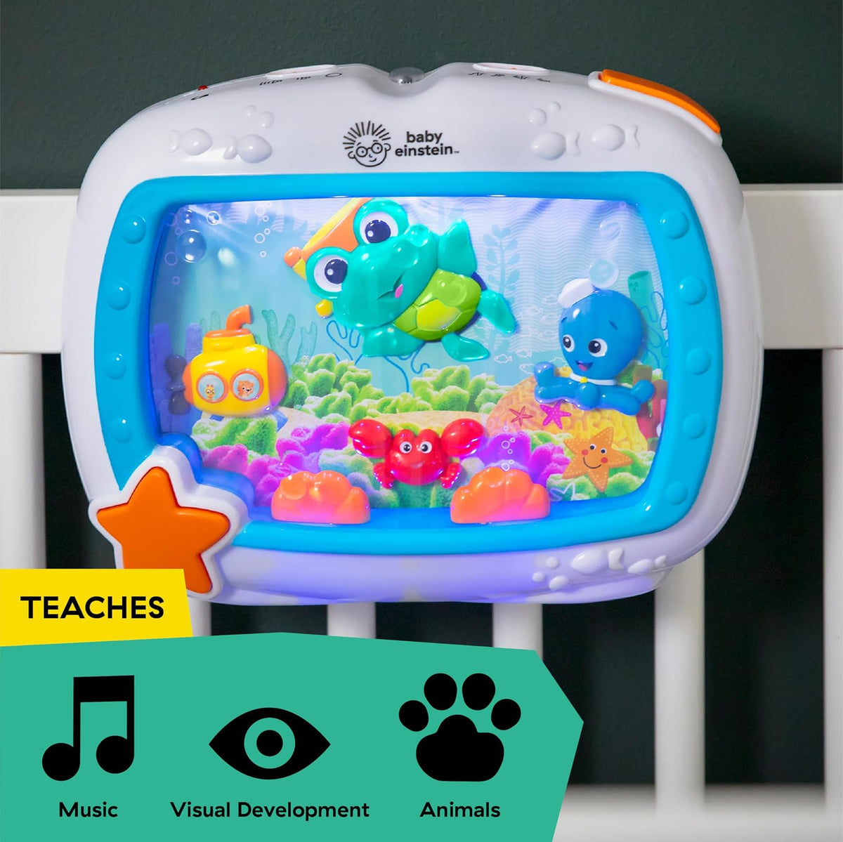 Baby Einstein Sea Dreams Soother - Juguete relajante con melodías y luces suaves para bebé, sonidos del océano, conciliador del sueño, incluye control remoto, fácil de sujetar a la cuna, a partir de 0 meses (Azul)