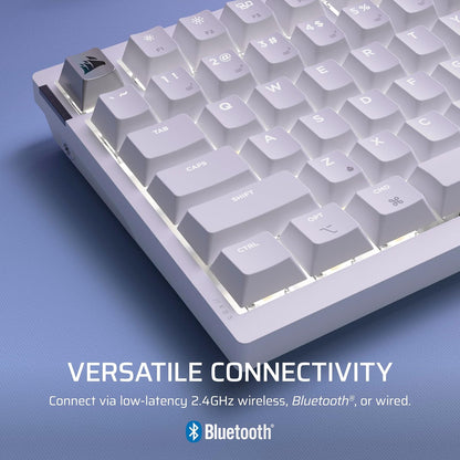 Corsair K65 Plus Teclado mecánico inalámbrico 75% RGB intercambiable en caliente para Mac y iPad – Interruptores lineales MLX Red v2 prelubricados, amortiguamiento de sonido – Diseño QWERTY NA, blanco