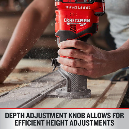 CRAFTSMAN V20 Herramienta de enrutador, sin cable, velocidad variable, enrutador de base fija con ajuste de profundidad, solo herramienta desnuda (CMCW400B)
