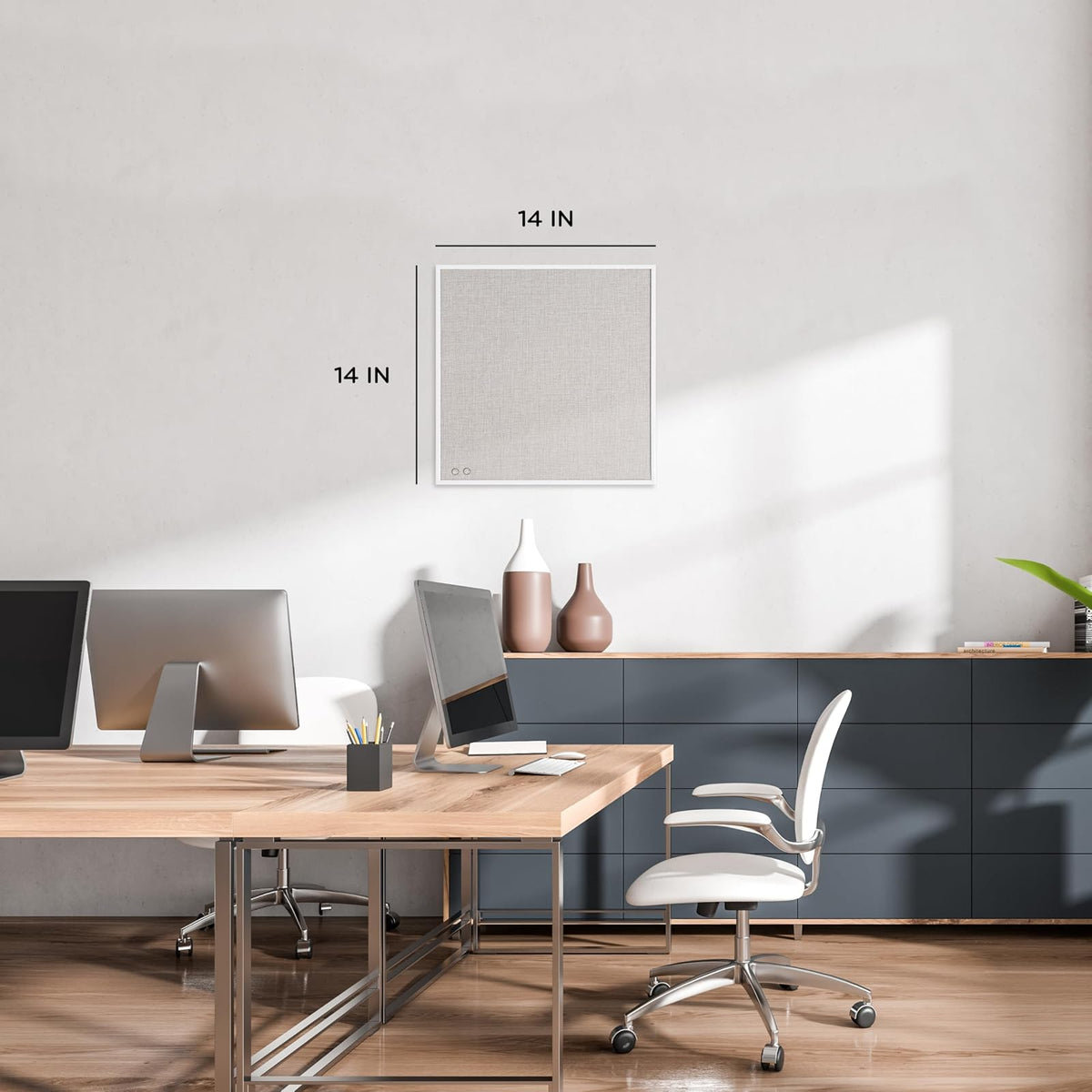 U Brands Farmhouse Linen - Tabla de anuncios de 14 x 14 pulgadas, marco de metal blanco, superficie de pinzado de grado industrial