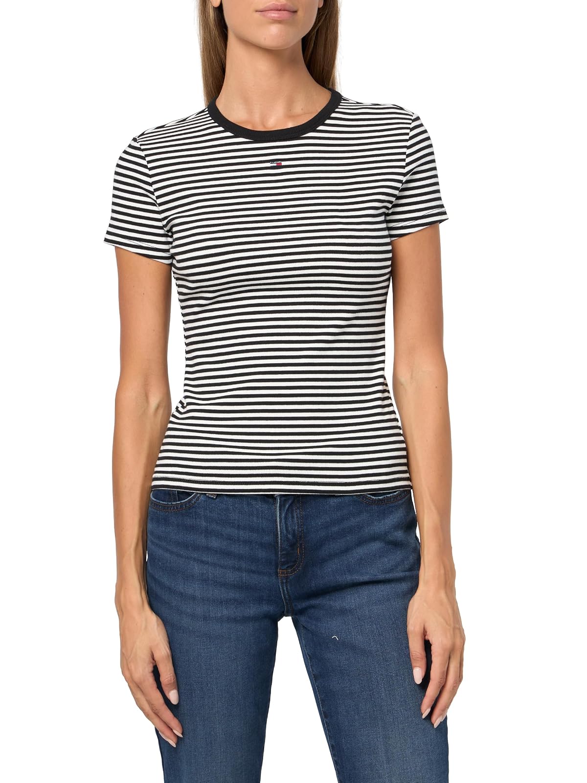Tommy Jeans - Playera Acanalada para Mujer con Detalle Bordado de Bandera