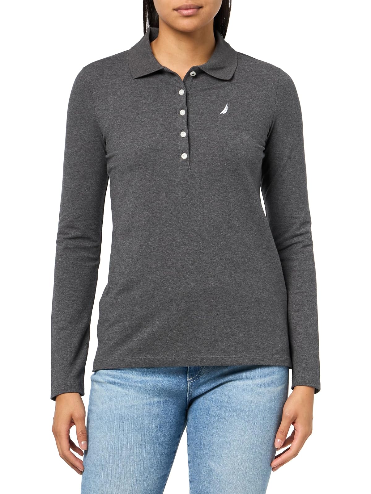 Nautica Polo de Manga Larga para Mujer - XS - Gris Carbón jaspeado