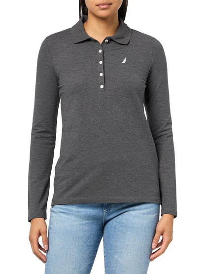 Nautica Polo de Manga Larga para Mujer - XS - Gris Carbón jaspeado