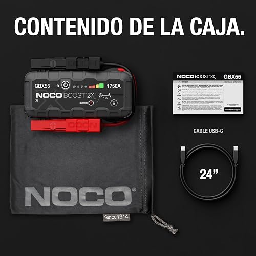 NOCO Boost X GBX55: Arrancador de batería de Auto 1750A – Booster de Litio portátil 12V, Power Bank y Cables para Pasar Corriente – para Motores de Gasolina hasta 7.5L y diésel hasta 5.0L