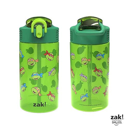 Zak Designs - Botella de agua para niños con tortugas ninja mutantes adolescentes para la escuela o los viajes, 16 onzas, 2 unidades (paquete de 1) botella de agua de plástico duradera con popote,