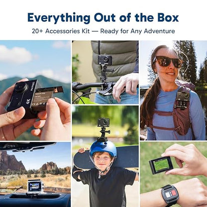 AKASO EK7000 Cámara Deportiva 4K WiFi 20MP Cámara de Acción, Negro | Camara Acuatica Sumergible con 170° Gran Ángulo, HD, 2 baterías, Kit de Accesorios, para Deportes al aire libre/a diario