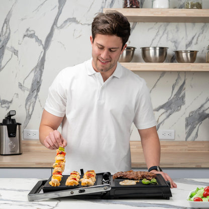 Hukën x MasterChef | Parrilla Eléctrica Multifuncional XL GRILL PRO | Apertura 180° | Perilla de Temperatura | Parrillas Antiadherentes | Bandeja de Goteo | Diseño Acero Inoxidable