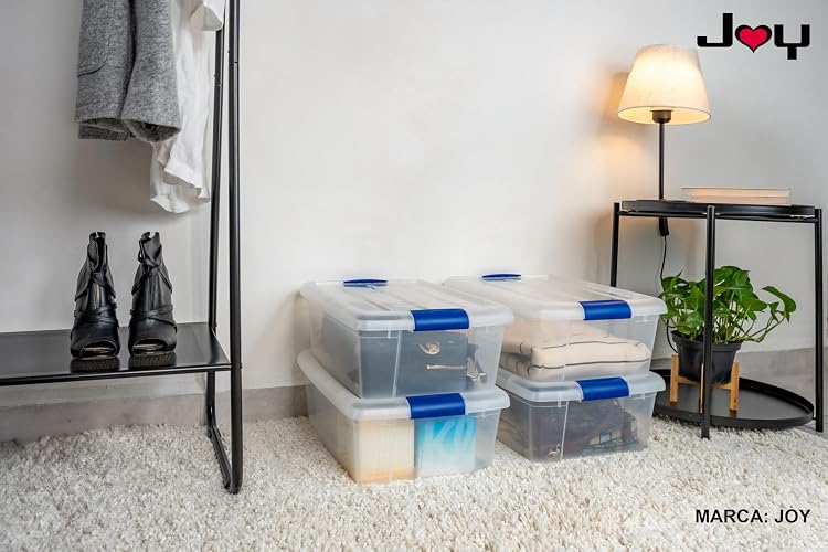 JOY - Caja de Almacenamiento Apilable, Pack de 3, para Organizador Armario, Juguetes, Ropa, con Broche y Tapa Duradera, 15 Litros de Capacidad, Plástico Libre de BPA, Transparente