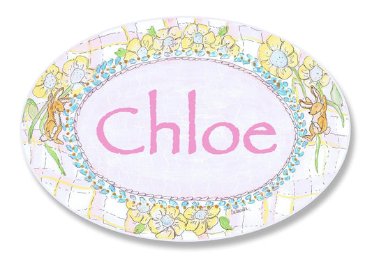 The Kids Room Bunnies Playing with Flowers Personalized Oval Plaque, Chloe
