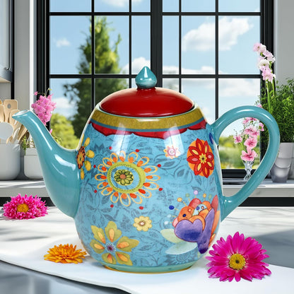 Certified International Tetera de cerámica azul, colección Tunisian Sunset, 40 onzas