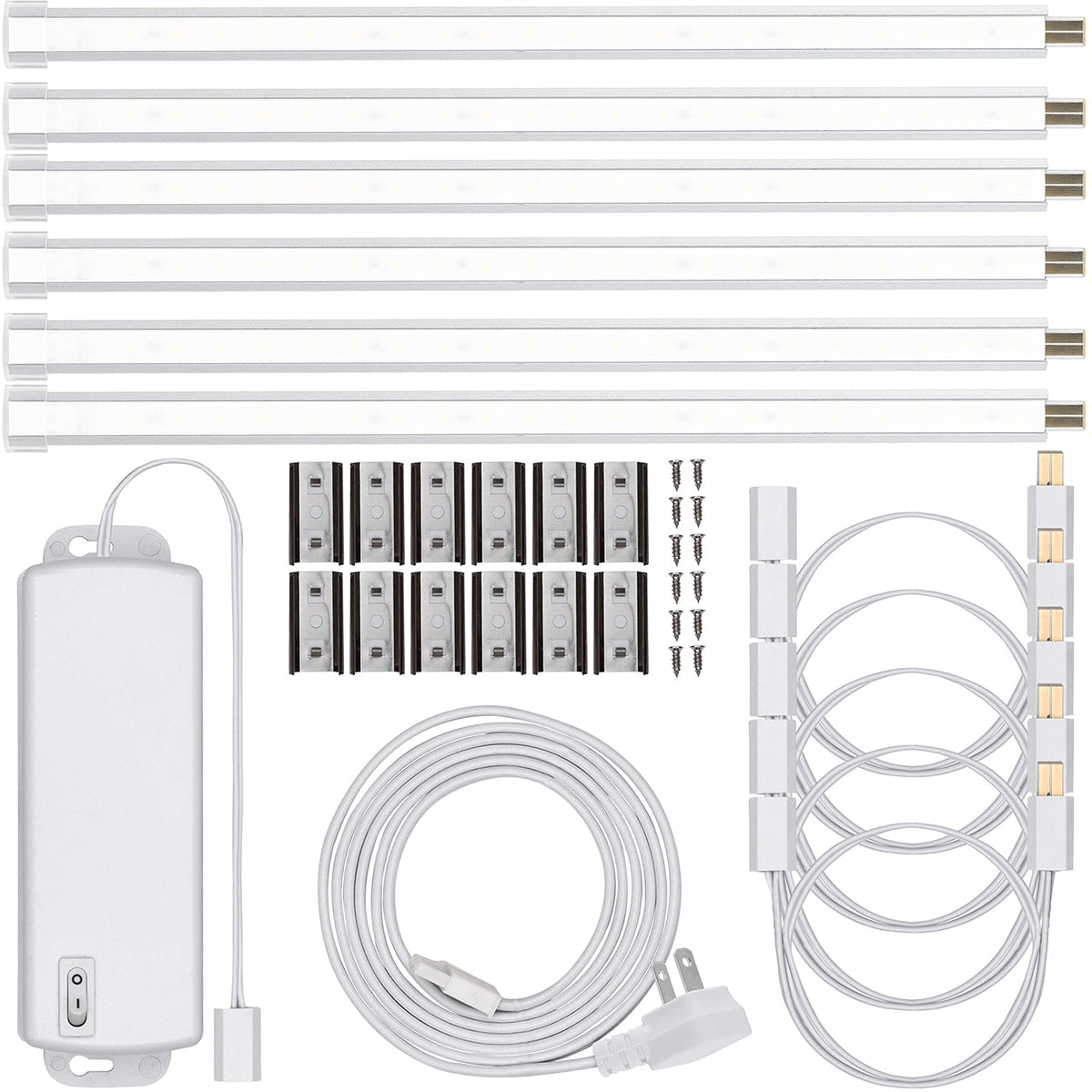 UltraPro 10 pulgadas. Tiras de LED enlazables, paquete de 6, 1360 lúmenes, luz blanca cálida 2700K, bajo voltaje, iluminación debajo del gabinete, luz de tira, enchufe plano, 44415