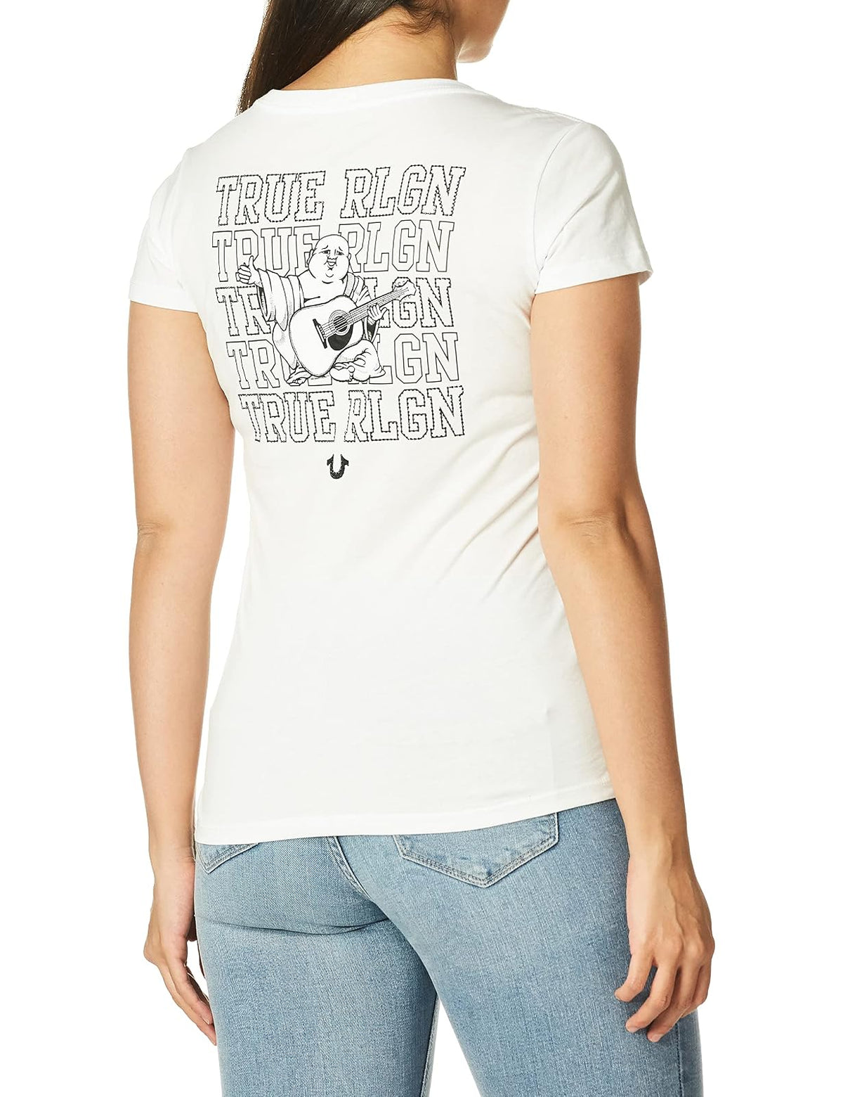 True Religion Buddha Love - Camiseta de Manga Corta con Cuello en V Camiseta para Mujer
