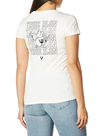True Religion Buddha Love - Camiseta de Manga Corta con Cuello en V Camiseta para Mujer