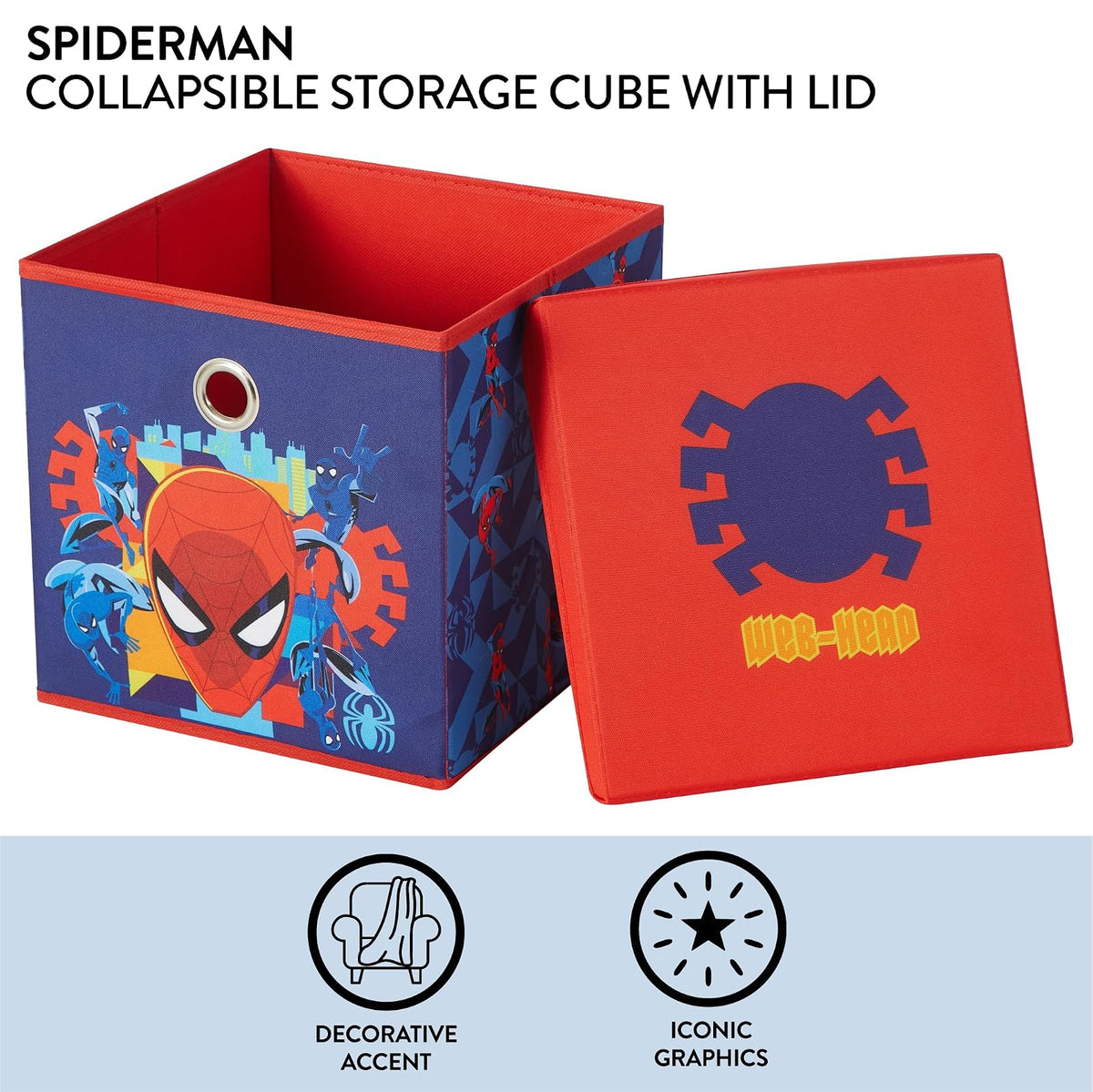 Idea Nuova Marvel Spiderman cubeta de almacenamiento plegable de tela, contenedor organizador de 10 pulgadas con tapa para recámara, sala de juegos y clóset