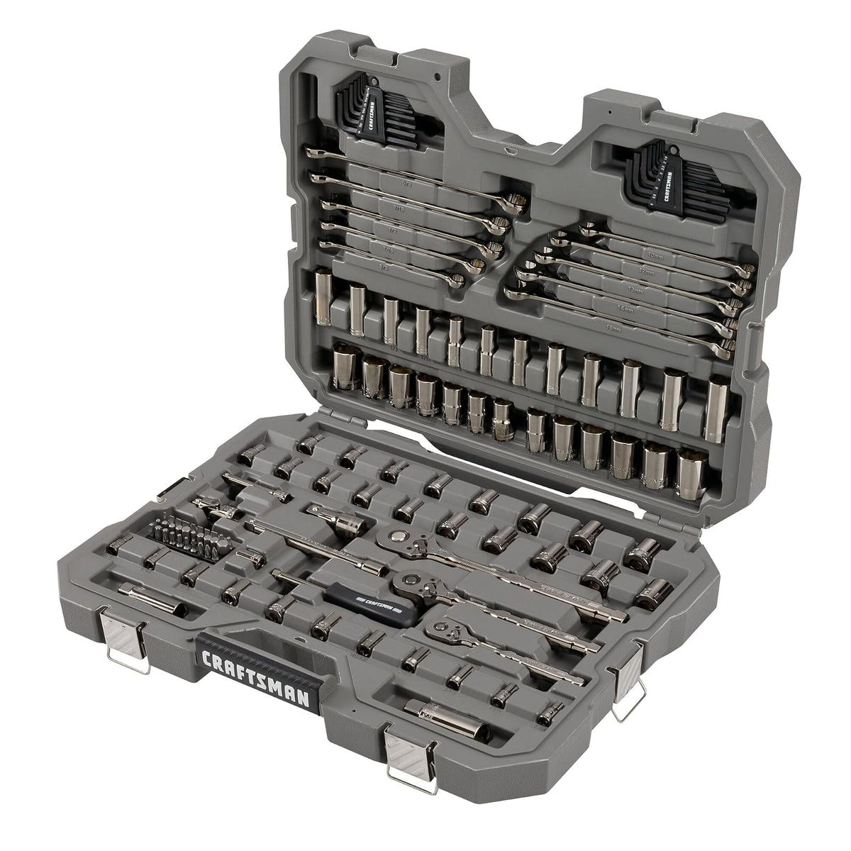 CRAFTSMAN OVERDRIVE Juego de herramientas mecánicas cromadas color pavonado de 121 piezas, estándar SAE/juego de dados métricos, con estuche rígido (CMMT99121L)