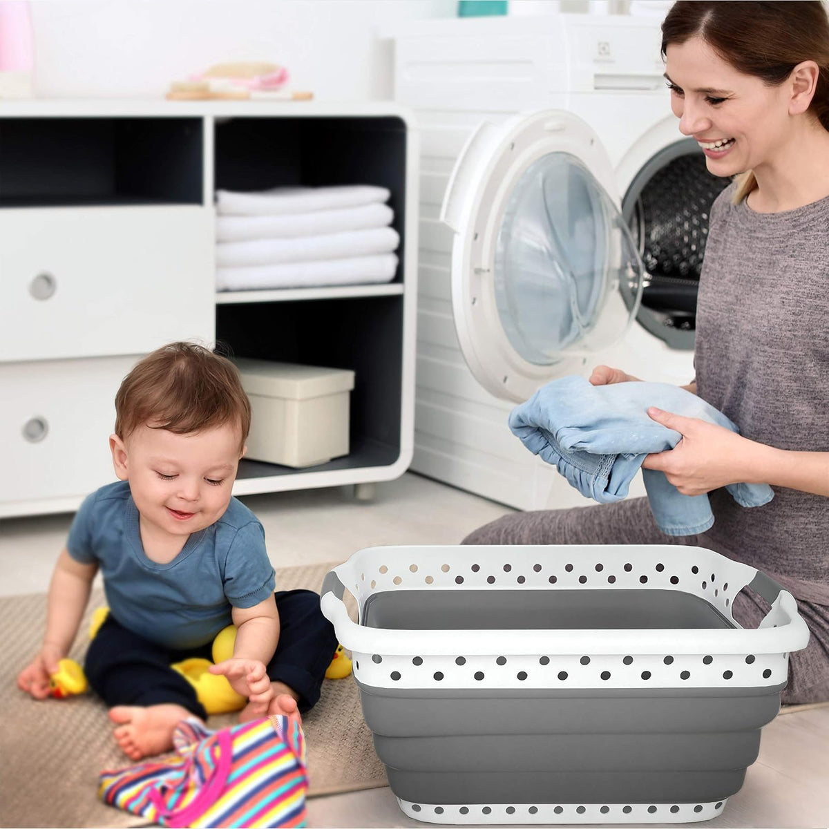 Lavish Home Collapsible Laundry Basket-Square Space Saving Pop Up Clothes, Multiuse Organizer/Storage Container with Comfort Grip Handles (Gray)