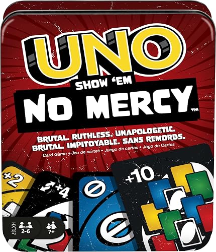 UNO Juego de Cartas No Mercy Empaque Metálico con Nuevas Reglas de Desafío y Cartas Extremas Mattel Games para niños de 7 años en adelante