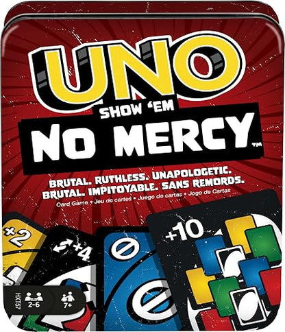 UNO Juego de Cartas No Mercy Empaque Metálico con Nuevas Reglas de Desafío y Cartas Extremas Mattel Games para niños de 7 años en adelante