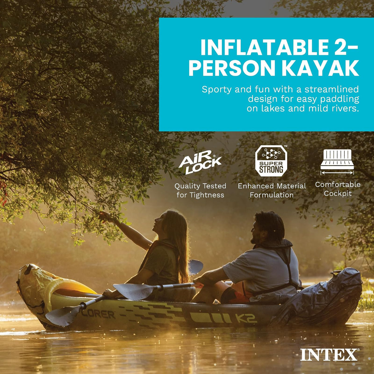 Intex 68307EP Explorer K2 Inflatable Kayak Set: Includes Deluxe 86in Aluminum Oars and High-Output Pump – SuperStrong PVC – Adjustable Seats with Backrest – 2-Person – 400lb Weight Capacity