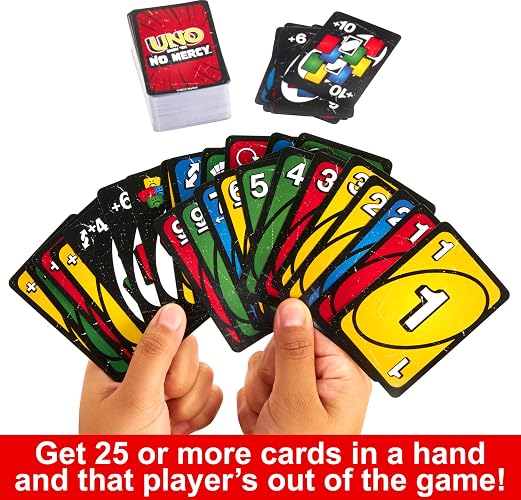 UNO Juego de Cartas No Mercy Empaque Metálico con Nuevas Reglas de Desafío y Cartas Extremas Mattel Games para niños de 7 años en adelante