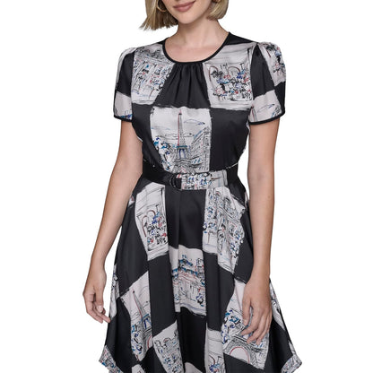 Karl Lagerfeld Short Sleeve Hanky Hem Tie Waist Printed Twill Midi Dress Vestido Informal Mujer