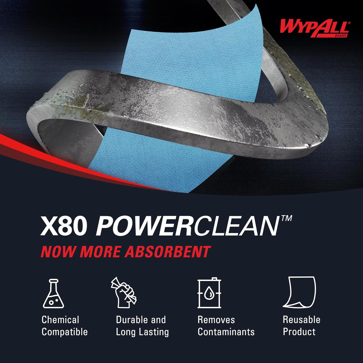 WypAll Power Clean X80 Paños Resistentes 41043 | Azul, 475 hojas/rollo, 1 rollo/estuche, 12.4 x 12.2 pulgadas