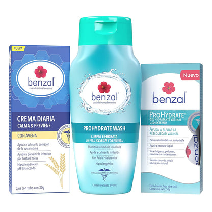 Benzal Kit Protección Íntima, Shampoo íntimo Prohydrate + Gel Hidratante uso externo + Crema íntima diara con Avena, Para Hidratar la Piel Reseca y Sensible, Efecto Refresacent Inmediato