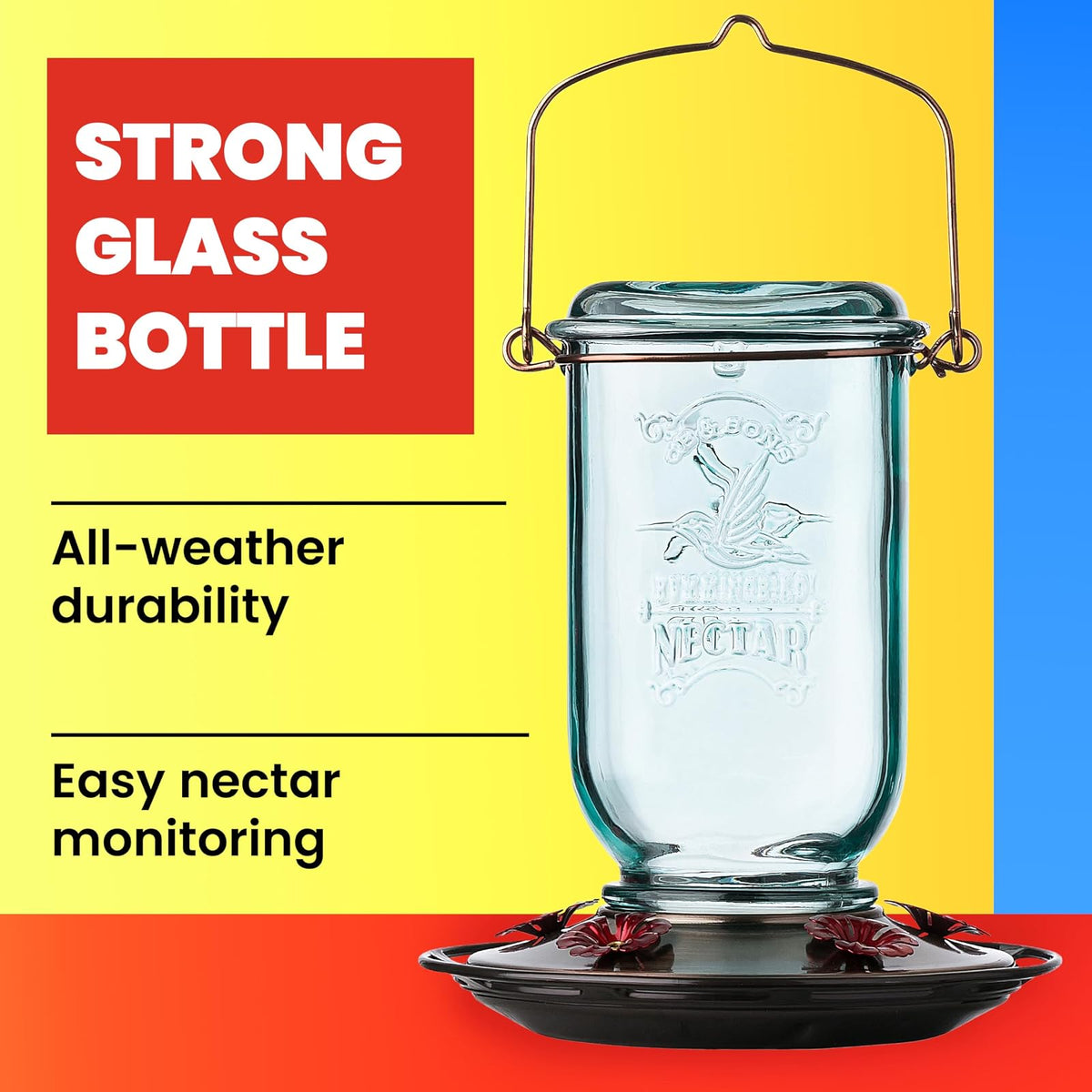 More Birds Hummingbird Feeder, Glass Hummingbird Feeders, 5 Feeding Stations, 25-Ounce Nectar Capacity, Mason Jar