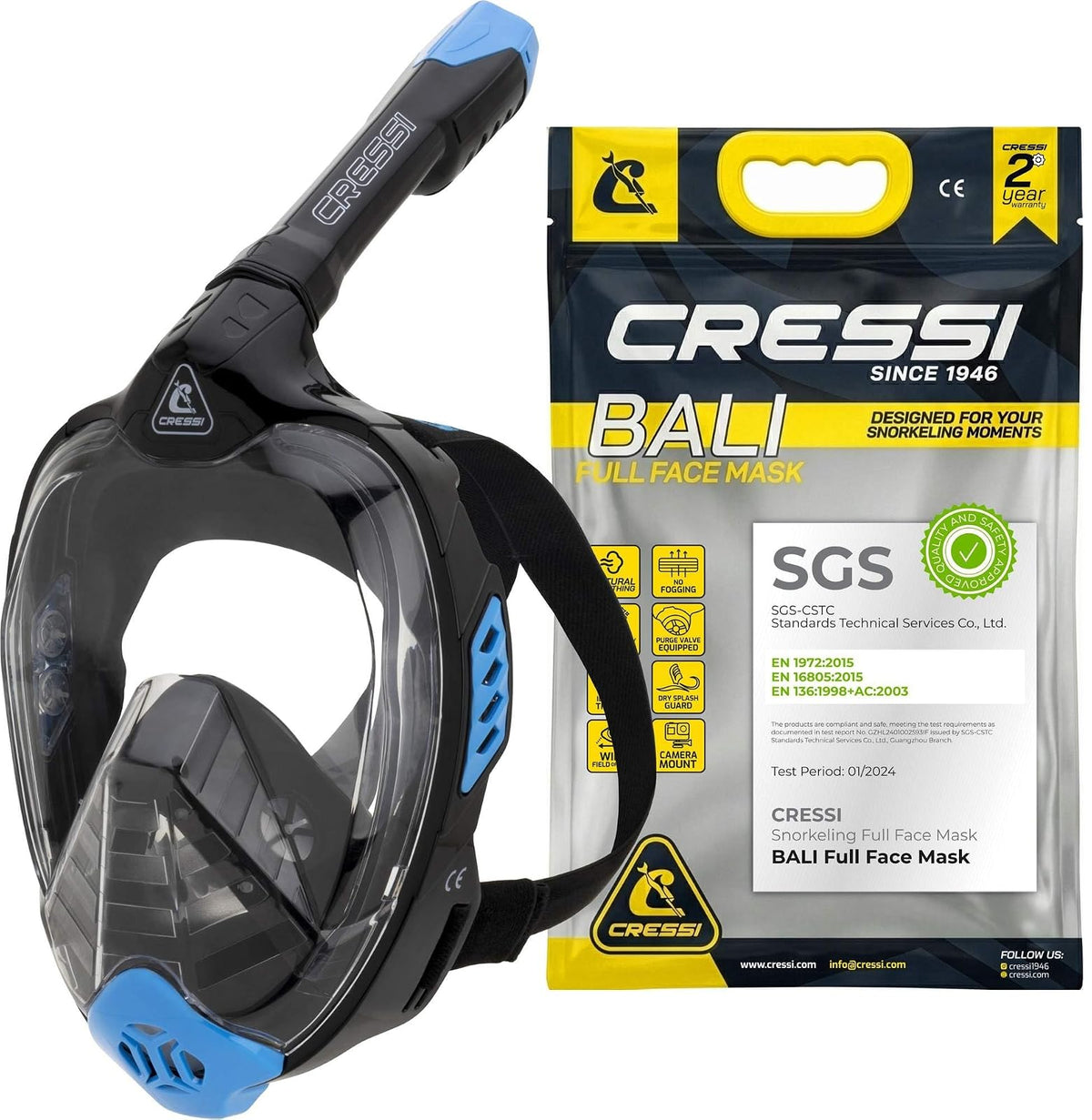 Cressi Adult Snorkeling Full Face Mask - Wide Clear View, Anti-Fog System - Easy Breathing: Safety First - Bali: Designed in Italy