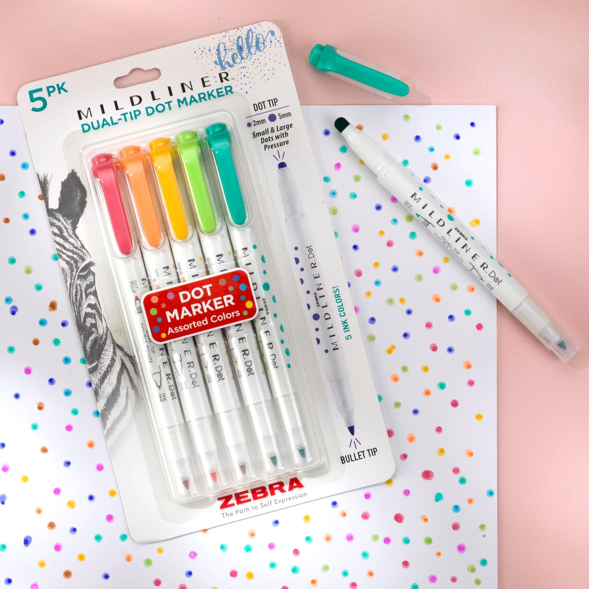 Zebra Pen Mildliner Marcador Doble Punta 73405 | Colores Surtidos, Paquete de 5, Tinta Pigmentada a Base de Agua, Puntas Extra Finas Bala y Puntos