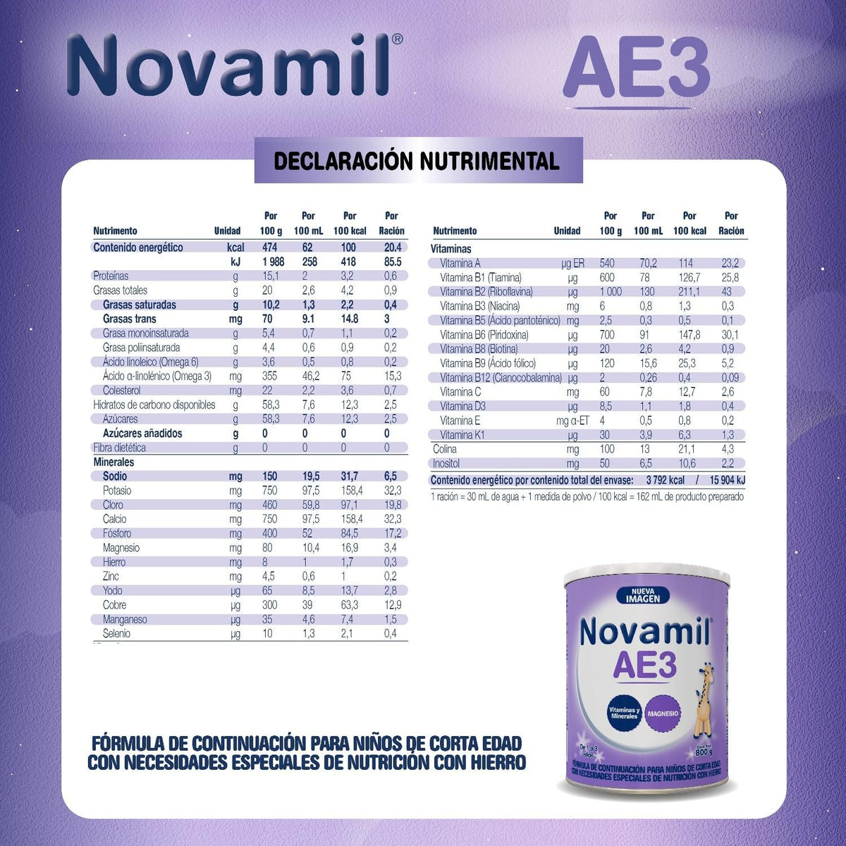 NOVAMIL AE 3 - Fórmula Etapa 3, de 12 a 36 meses edad, bote con 800g
