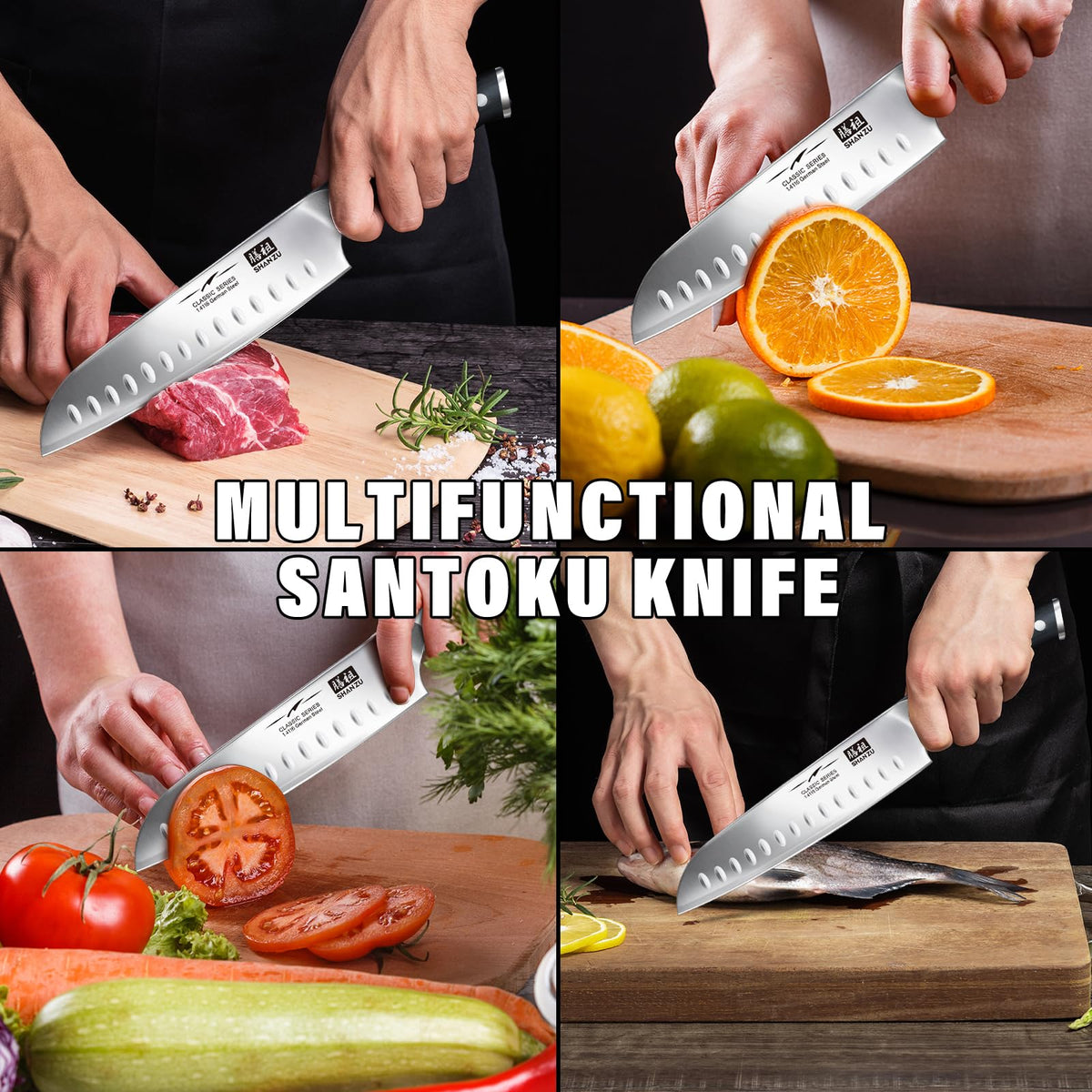 Cuchillo de Cocinero SHANZU Santoku 7 Pulgadas - Chef Profesional Alto Carbono con Acero Cromado Afilado, Hoja Santoku para Cocina y Chefs