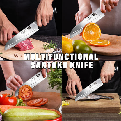 Cuchillo de Cocinero SHANZU Santoku 7 Pulgadas - Chef Profesional Alto Carbono con Acero Cromado Afilado, Hoja Santoku para Cocina y Chefs