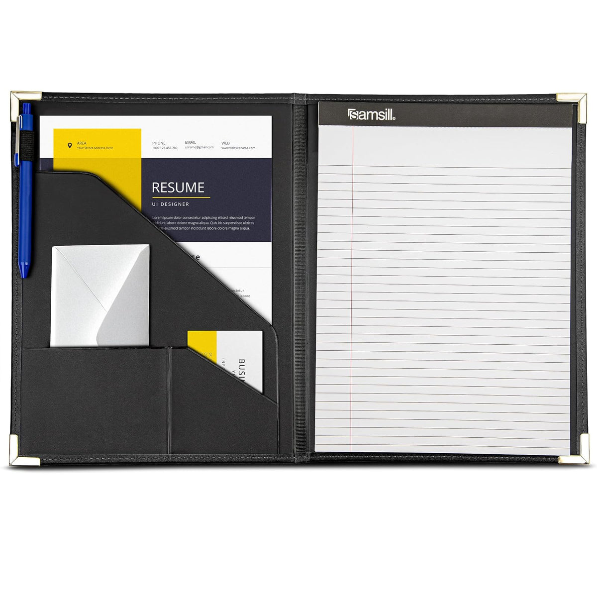 Samsill Classic Collection - Portafolio de trabajo con esquinas de latón, tamaño carta, con forro y bloc de escritura, negro, Plano, Negro