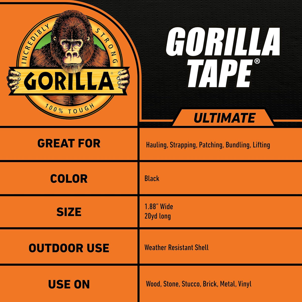 Ultimate Gorilla Tape, tela de alta resistencia con calcomanía de doble grosor para transportar, flejar, parches, agrupar, levantar, 1.9 x 20 m, negro (paquete de 1)