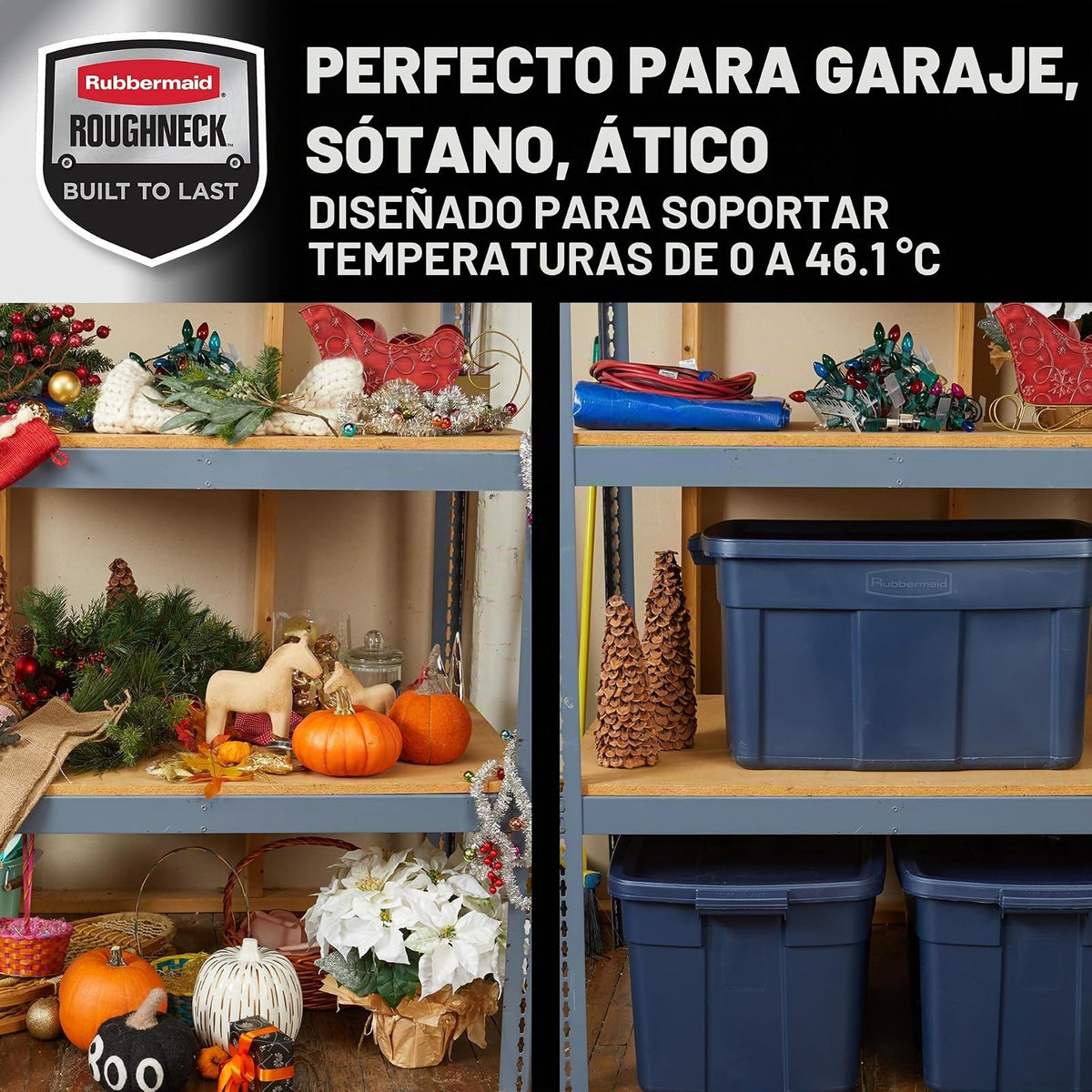 Rubbermaid Roughneck - Bolsa de 31 galones, paquete de 3, fabricado en Estados Unidos, metal índigo oscuro, contenedores de almacenamiento apilables de plástico resistente con tapas y asas