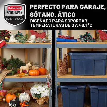 Rubbermaid Roughneck - Bolsa de 31 galones, paquete de 3, fabricado en Estados Unidos, metal índigo oscuro, contenedores de almacenamiento apilables de plástico resistente con tapas y asas