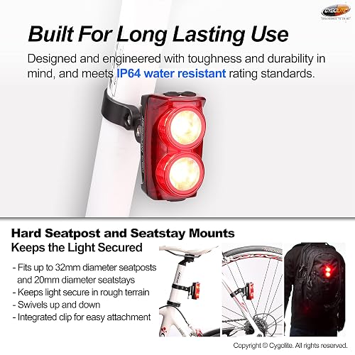 Cygolite Hypershot 350 y 250 lúmenes modelos de luz trasera para bicicleta, 7 modos nocturnos y diurnos, velocidades de flash sintonizables por el usuario, pequeño y duradero, resistente al agua IP64,