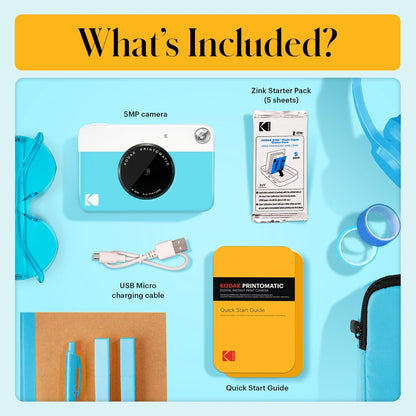 KODAK Printomatic Instant Camera (Blue) Gift Bundle + Zink Paper (20 Sheets) + Deluxe Case + 7 Fun Sticker Sets + Twin Tip Markers + Photo Album.