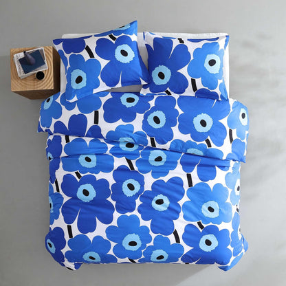 MARIMEKKO - Juego de Funda de edredón Reversible tamaño Full/Queen, percal de algodón con Fundas Decorativas a Juego, diseño Floral Unikko en Azul, Ropa de Cama para el hogar